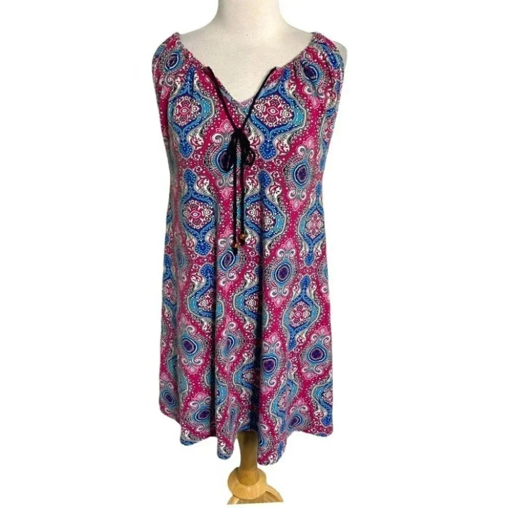 Simply Noelle Tunic Dress S/M Pink Blue Paisley Boho V-Neck Tie Front Sleeveless